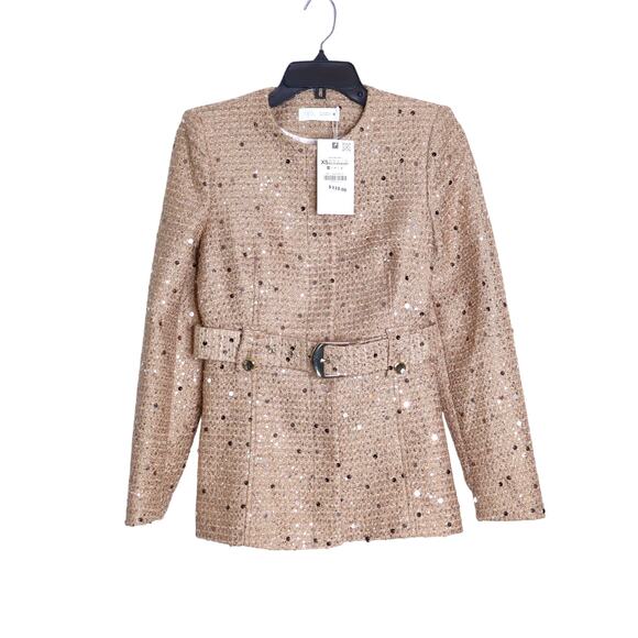 ZARA NWT Sequin Belt Blazer Camel Tweed Round Neck Long Sleeve Women's XS - Picture 2 of 13